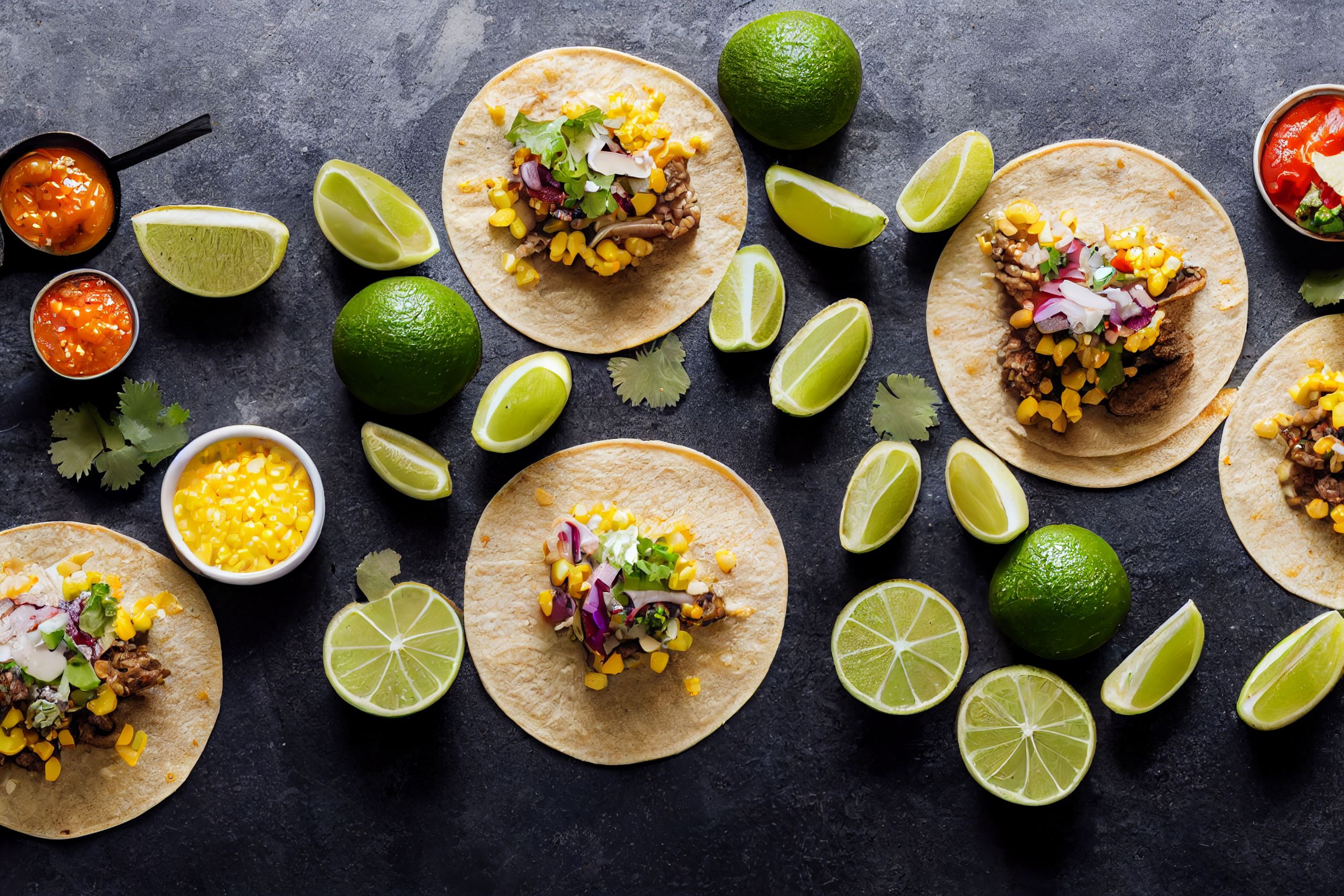 Mexican street tacos flat lay composition with pork carnitas, avocado, onion, cilantro, and red cabbage.tacos with grilled chicken meat and veggies.background, with copy space